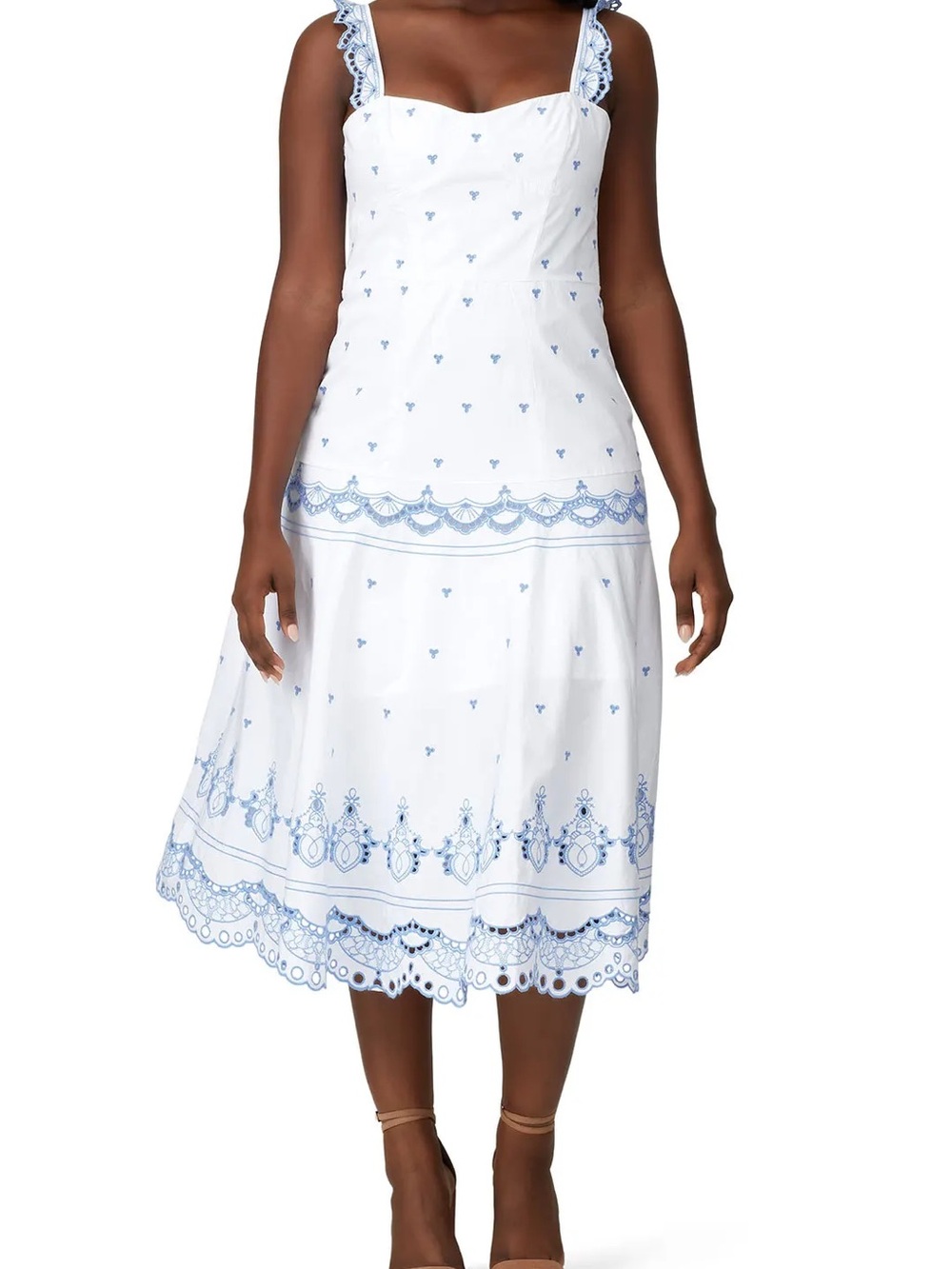 Simkhai White & Blue Embroidered Midi Sundress